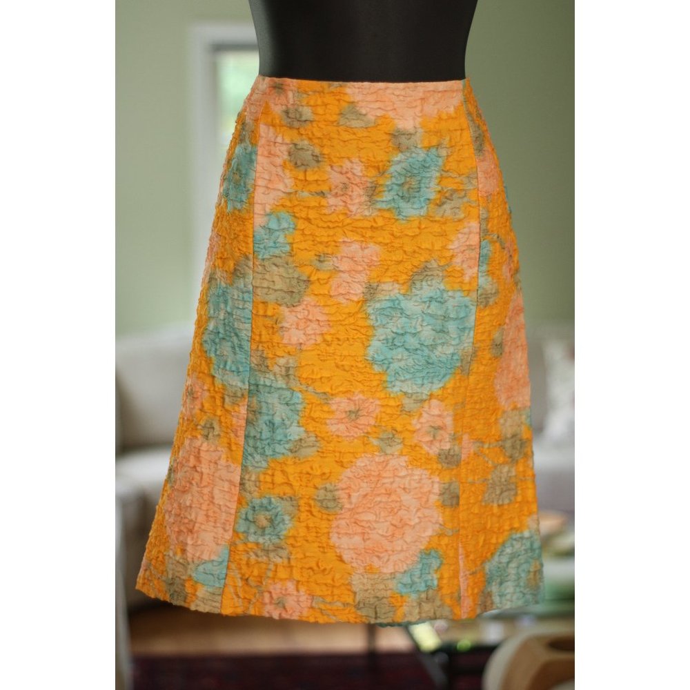 MIU MIU Orange Silk Blend Skirt with Pink and Blue Flowers